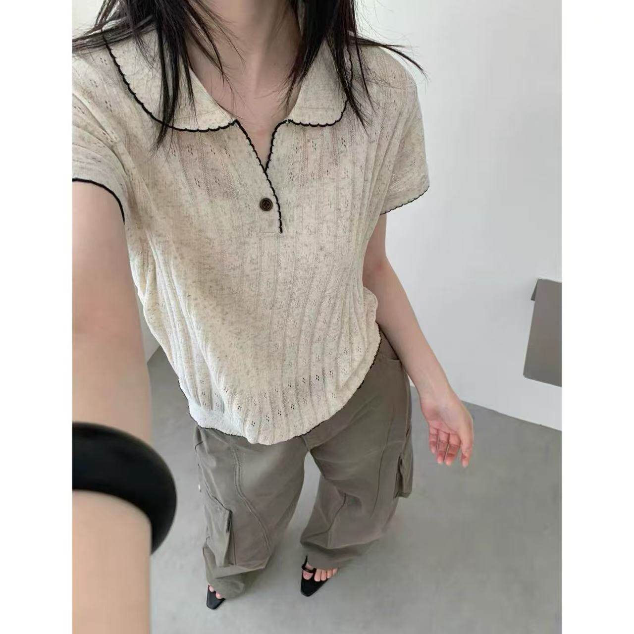 丽姐家~娃娃领显瘦洋气针织休闲夏季翻领百搭上衣