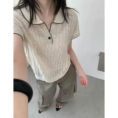 丽姐家~娃娃领显瘦洋气针织休闲夏季翻领百搭上衣