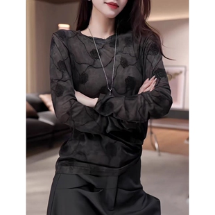 上衣 休闲百搭镂空圆领长袖 丽姐家 玫瑰勾花打底外贸原单时尚