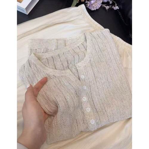 丽姐家~麻米气质短袖针织时尚百搭夏季镂空纯色上衣