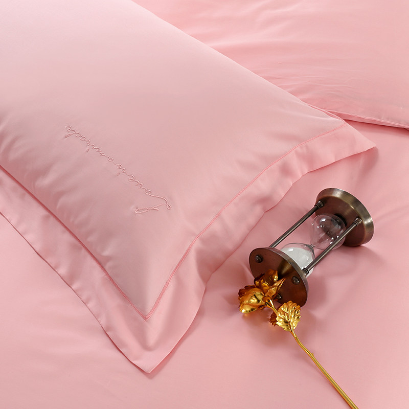 60支全棉长绒棉枕套一对纯棉简约刺绣纯色单人枕套成人情侣信封式