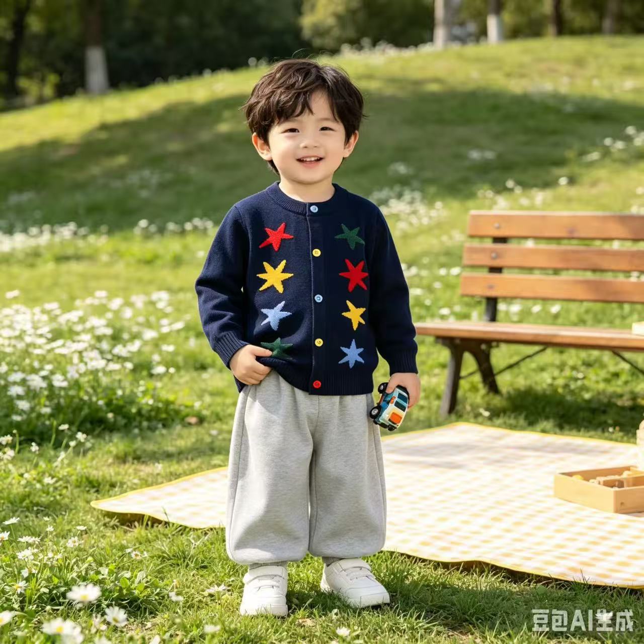男童彩色星星刺绣针织开衫春秋新款儿童圆领毛衣外套宝宝洋气外搭