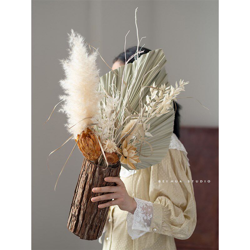 创意复古树皮花瓶摆件 餐桌客厅插花玄关电视柜天然干花花束装饰