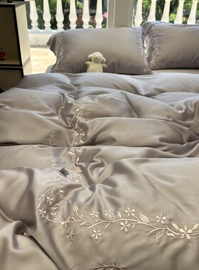 60s兰精天丝紫色小碎花刺绣夏季凉感四件套1.5m1.8米丝滑床单被套