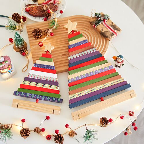 圣诞节装饰品创意木质圣诞树儿童礼物桌面摆件木制彩色积木小礼品