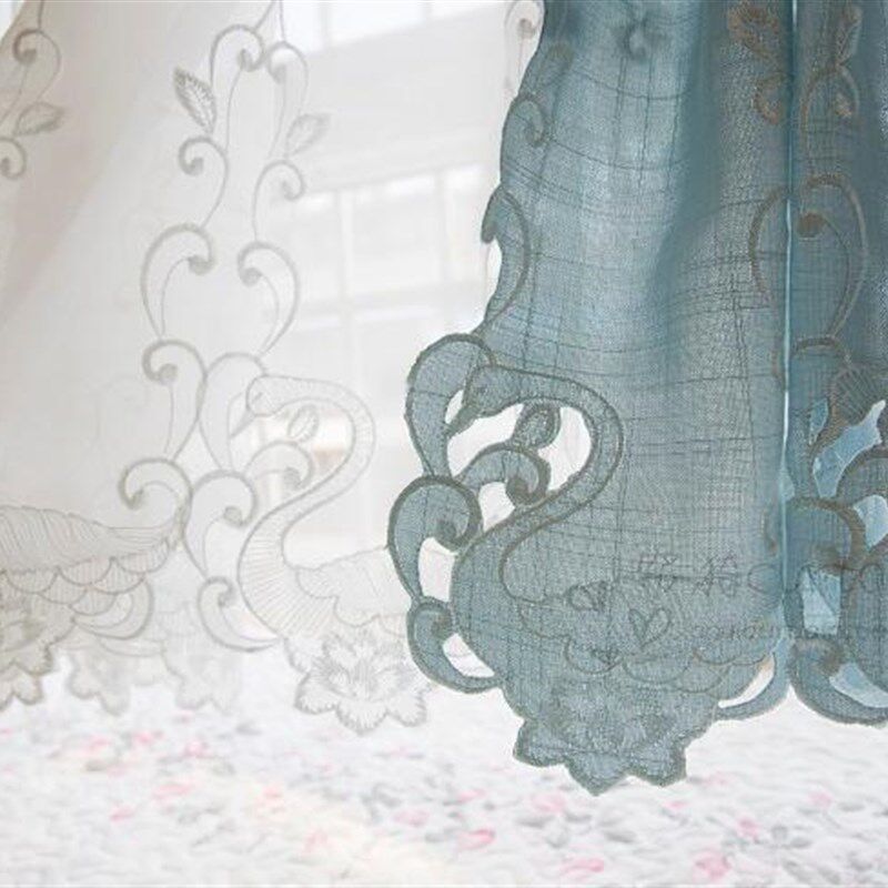 天鹅镂空刺绣咖啡帘韩式蓝色半帘短帘隔断帘橱柜帘厨房小窗帘纱帘