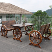 户外桌椅庭院阳台露天防水休闲桌椅组合室外防腐木复古车轮桌椅子