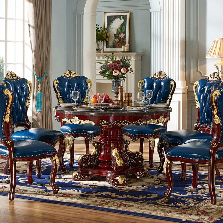 欧式大理石餐桌椅组合新古典红檀色实木雕花客厅6-8人吃饭圆餐桌