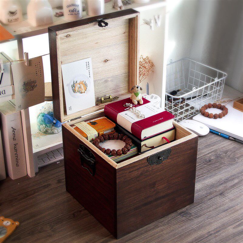 香樟木带锁木箱复古正方形储物箱收纳木箱子木质方木盒子大号木盒