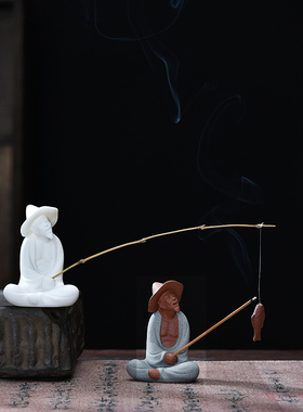 姜太公钓鱼小摆件鱼缸造景老头渔翁中式人物陶瓷雕塑微景观装饰品