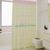 韩式 免打孔洗澡浴室卫生间隔断门帘布淋浴间 格子浴帘防水防霉套装