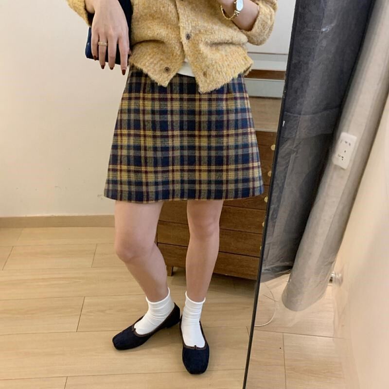 复古黄色格子半身裙胖mm高腰毛呢格纹a字包臀裙显瘦学院风短裙女