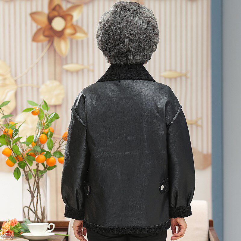 老年人女冬装皮衣外套新款老人妈妈加绒加厚棉衣奶奶老太太上衣服