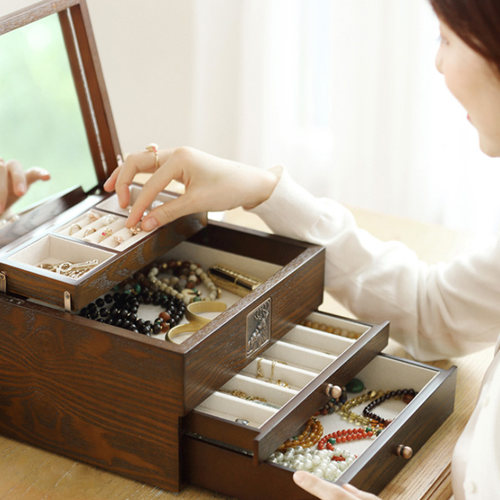 耳钉耳环项链饰品首饰盒中古风收纳盒大容量木质抽屉式家用珠宝盒