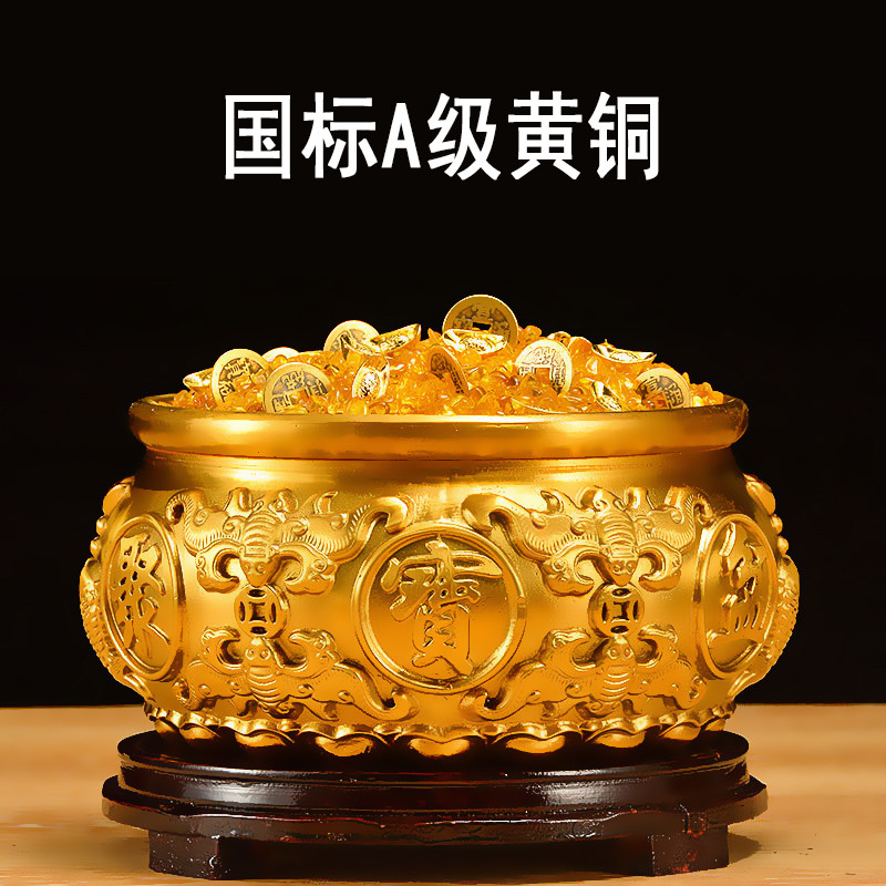 纯铜实心沈万三聚宝盆铜招财摆件聚财铜盆家用存钱罐铜缸旺财开运