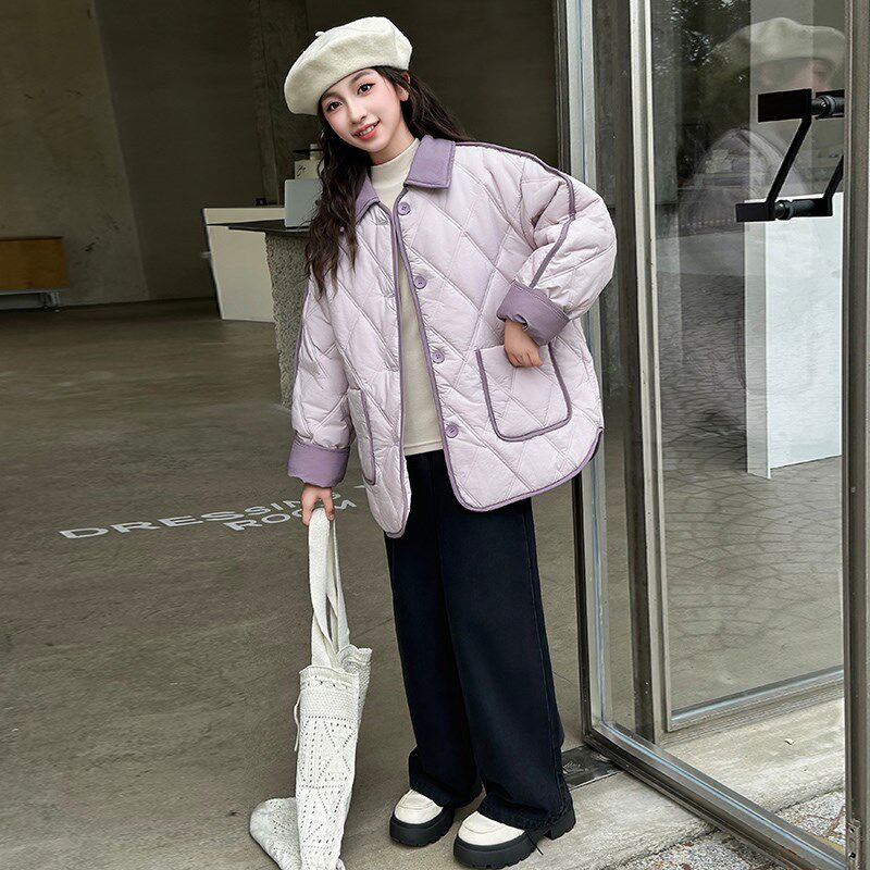 女童秋冬夹棉外套2024新款女大童冬装加厚一体绒棉服儿童轻薄棉衣