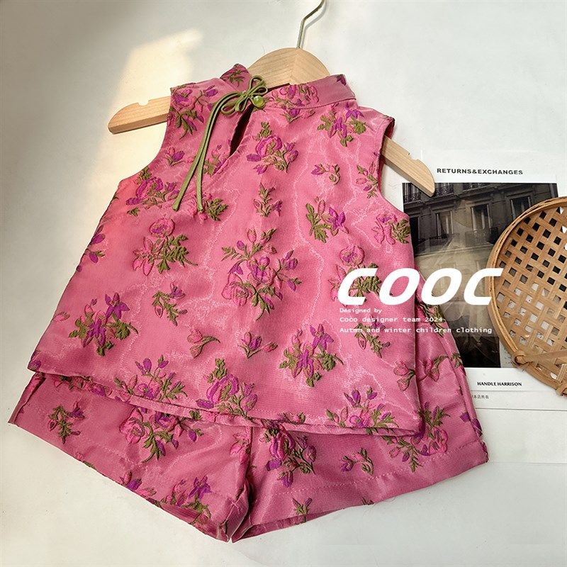 夏季新款女童粉色新中式旗袍套装女宝宝国风汉服两件套清凉感夏装