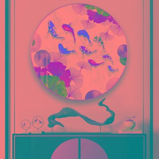 新中式 背景墙挂画客厅壁画轻奢 饰画网红2021新款 圆形九鱼图玄关装