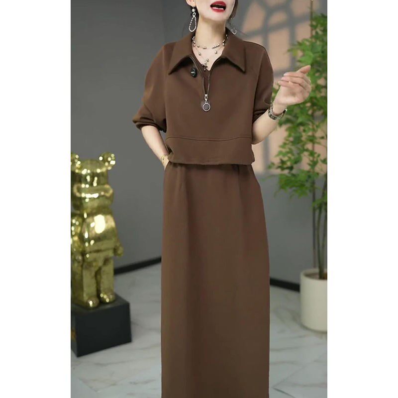 长袖半拉链卫衣背心连衣裙套装女2024秋季新款大码时尚显瘦两件套