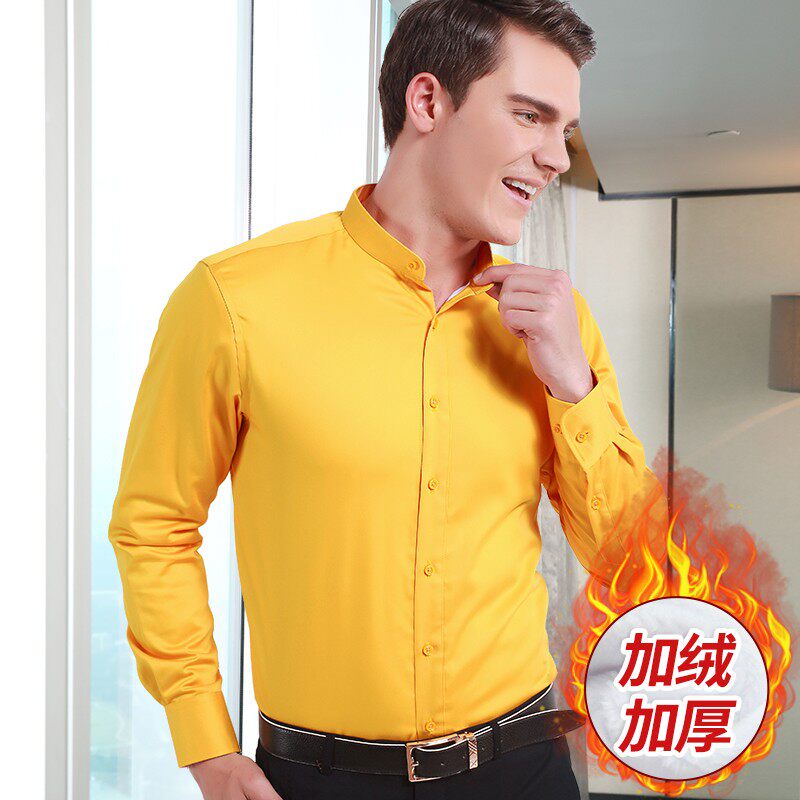 立领衬衫男加绒加厚长袖纯棉白色商务无领圆领中山装男士保暖衬衣