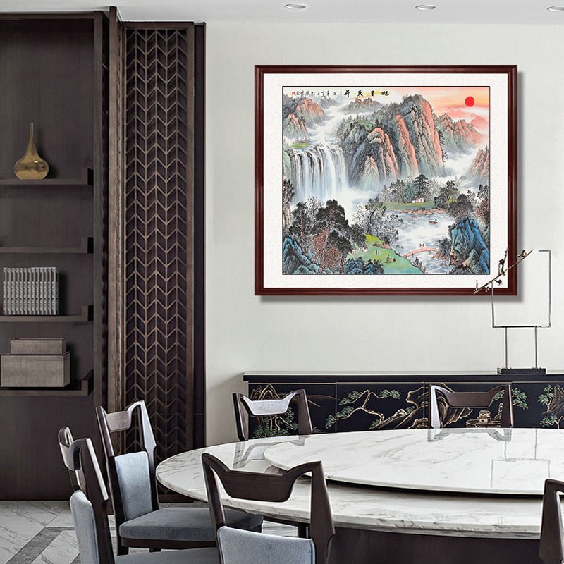 纯手绘国画山水画旭日东升斗方方形客厅办公室中式靠山图挂画玄关