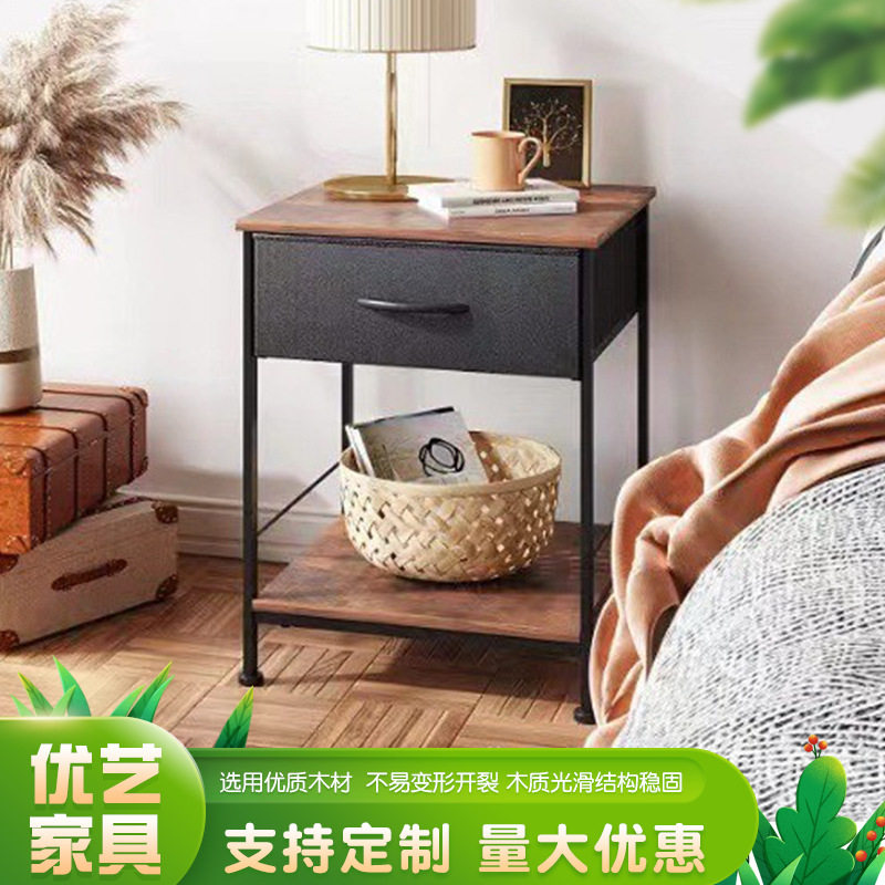 铁艺带抽屉双层床头柜实木床边桌边几卧室小户型收纳木质置物柜图片