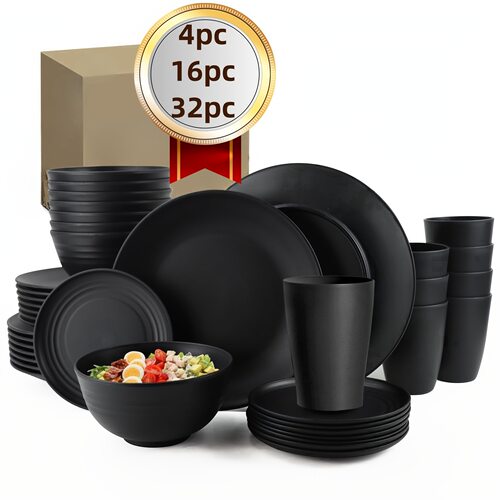 16/32/4 Pc Kitchen Plastic Wheat Straw Dinnerware Set跨境