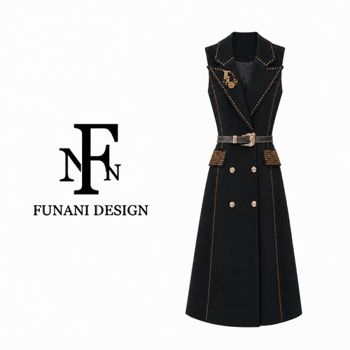 FNN黑色无袖长款马甲女秋季高级感明线装饰收腰大衣DF2630975A