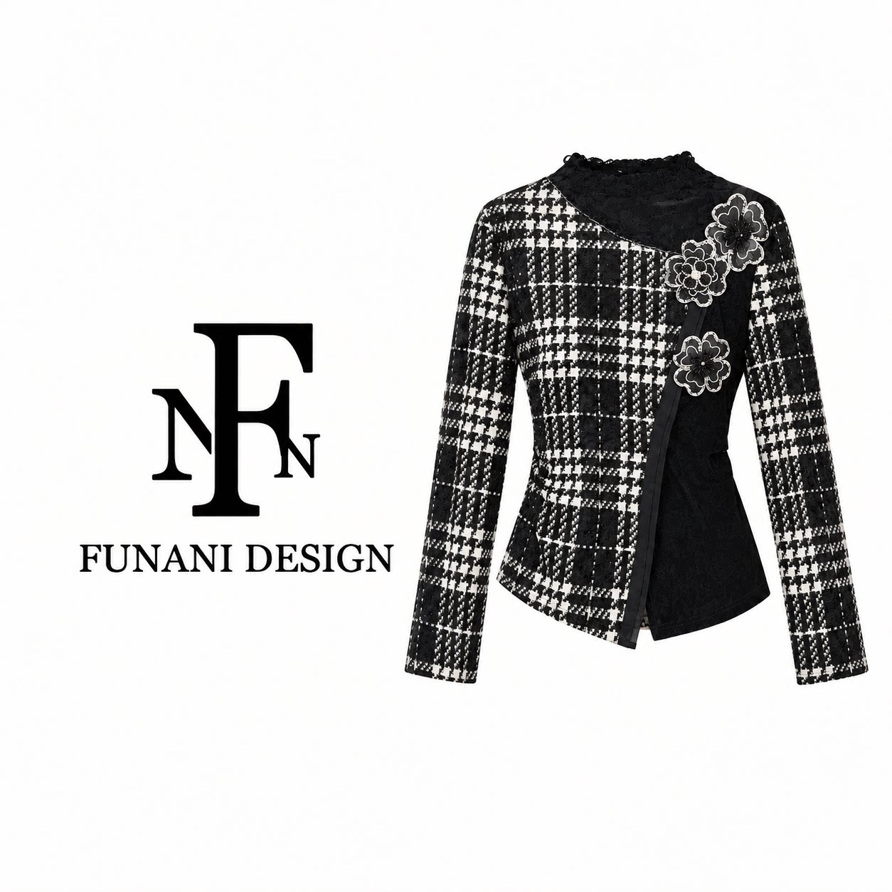 FNN黑白格纹拼接蕾丝长袖上衣女秋季复古气质修身内搭DF2631069A
