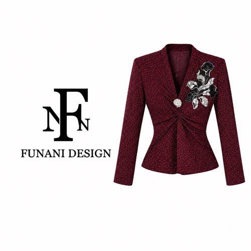 FNN酒红色V领闪钻长袖上衣女秋季设计感修身显瘦打底衫DF2631085A