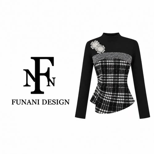FNN黑白格纹半高领长袖上衣女秋季修身显瘦打底衫内搭DF2631490A