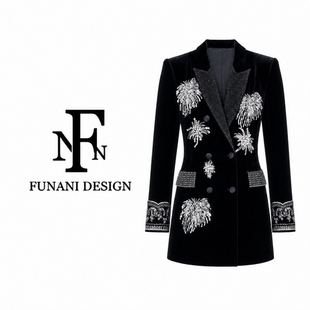 FNN黑色丝绒西装外套女秋冬季高级感收腰显瘦中长款西服F2631039A