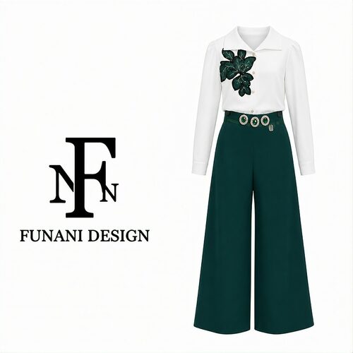 【芙娜妮】白泡泡短袖衬衫绿花叶刺绣+墨绿长裤两件套 F2620420