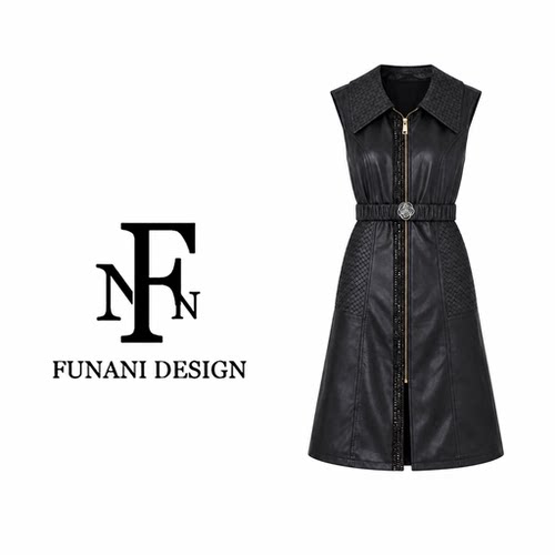 FNN黑色PU皮无袖连衣裙女翻领收腰中长款皮衣外套马甲F2630810A