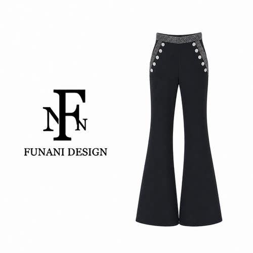 FNN黑色烫钻微喇裤女秋季设计感小众高腰修身喇叭裤子DF2631126B