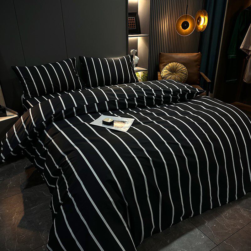 2025新款全棉纯棉四件套床上用品条纹黑白床单被套床笠款4件套春