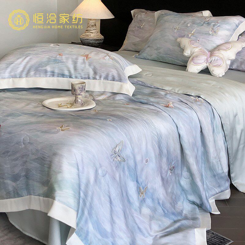 夏季20%蚕丝莱赛尔夏凉被四件套蝴蝶刺绣可水洗裸睡空调被蓝紫色