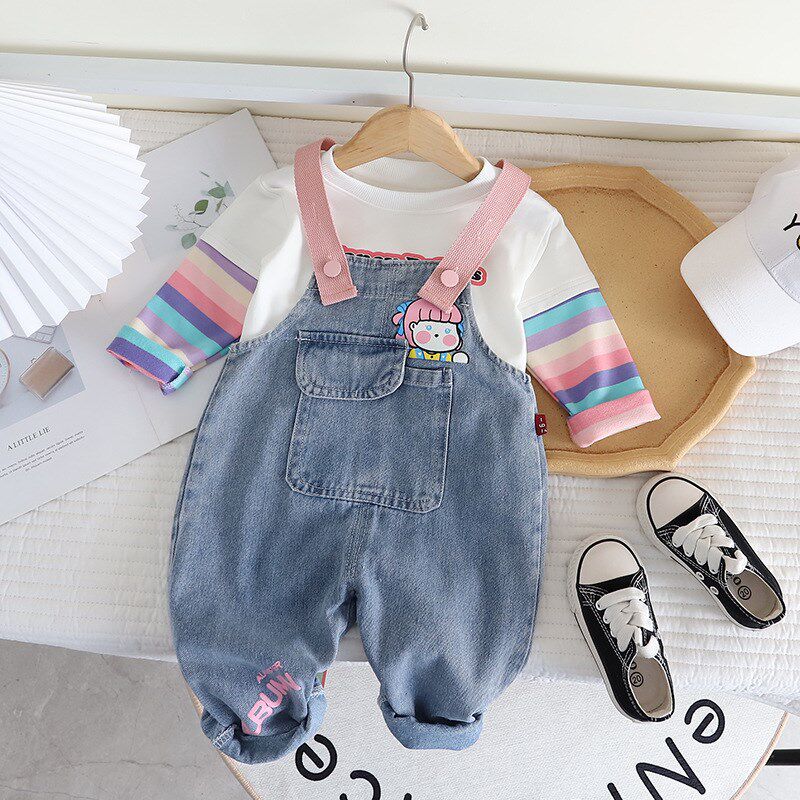 2024女童秋季新款牛仔背带裤子两件套装小童洋气宝宝春秋婴儿童装