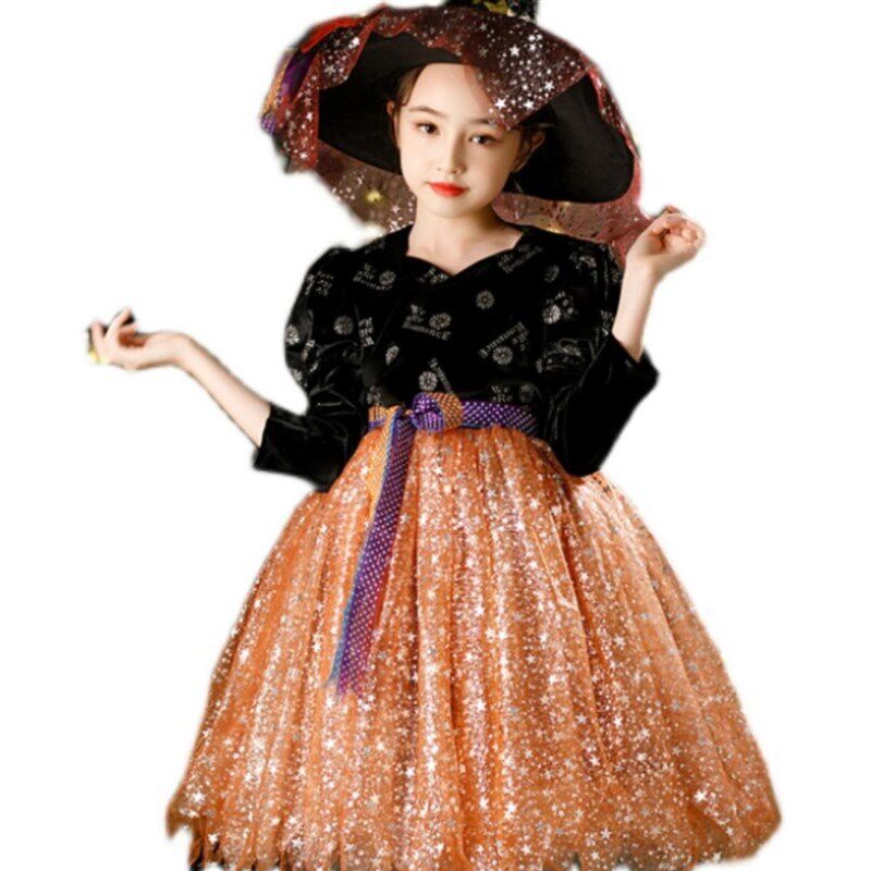 儿童万圣节服装披风女童礼服女巫婆吸血鬼连衣裙小女孩舞会演出服