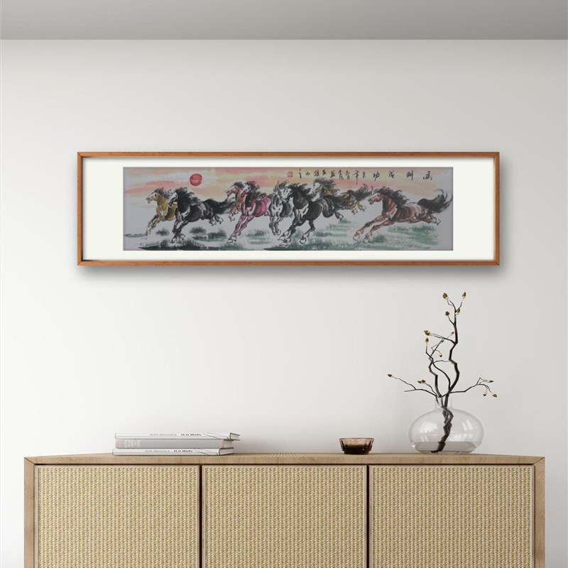 手绘八骏图客厅挂画办公室中式沙发背景墙装饰画马到成功骏马图