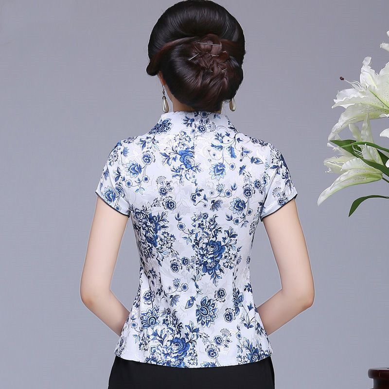 唐装夏季改良版修身显瘦旗袍领短袖上衣青花瓷中国风复古时尚女装
