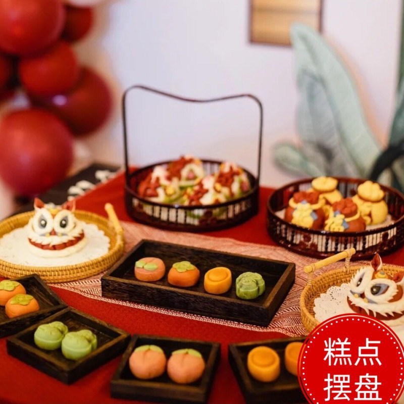 宝宝周岁礼馒头花馍木质托盘糕点摆件儿童抓周生日布置竹编点心篮图片