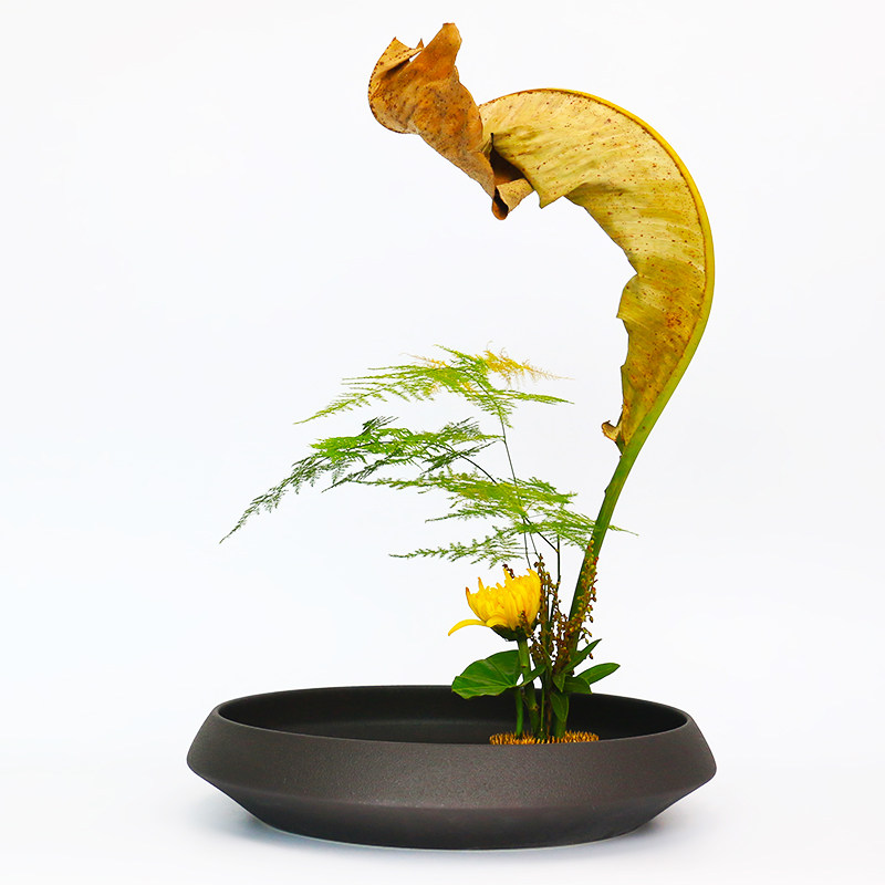 陶瓷花器剑山插花器花艺花盘器皿花盆磨砂黑色中式禅意日式小原流