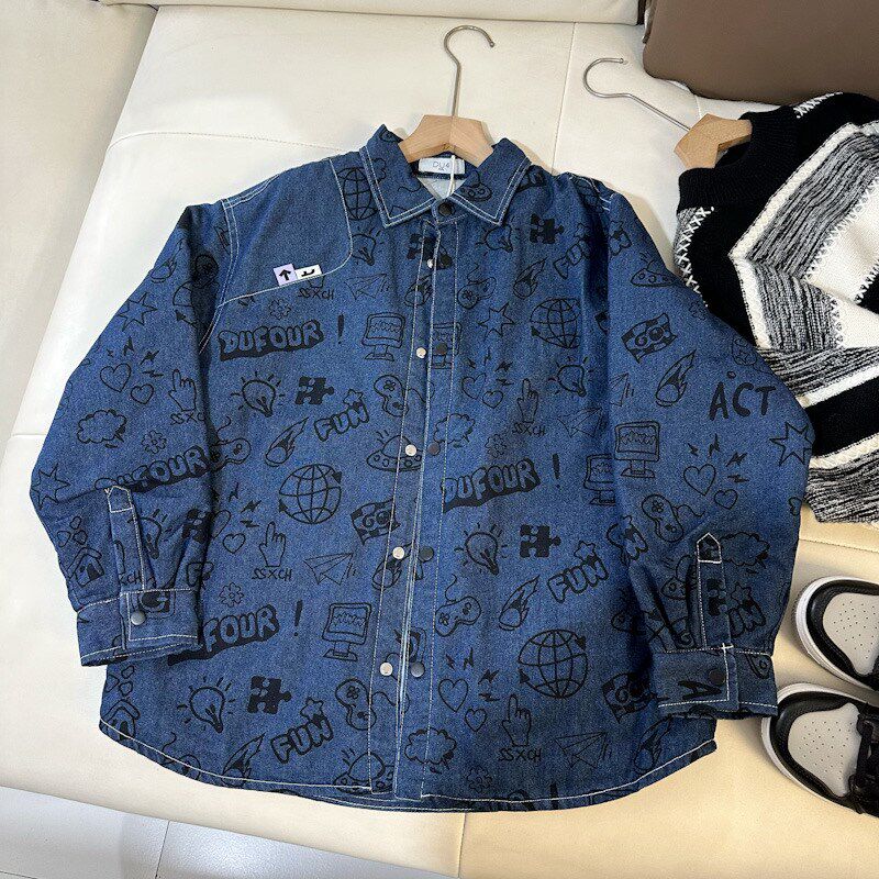 男童夹棉衬衫儿童棉服外套秋冬加厚2024新款洋气男孩牛仔衬衣潮酷