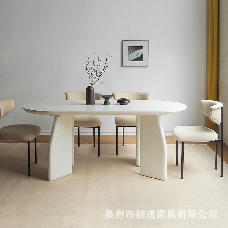 北欧全实木餐桌 奶油风家用客厅多人吃饭餐桌 法式白色椭圆形饭桌