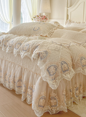法式蕾丝雕花牛奶绒床裙四件套刺绣裙边夹棉床盖四季通用花边被套