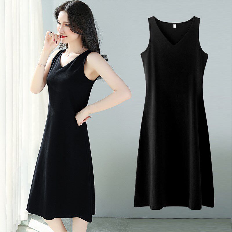 黑色打底连衣裙女春秋季2024新款无袖显瘦背心内搭吊带长款裙子