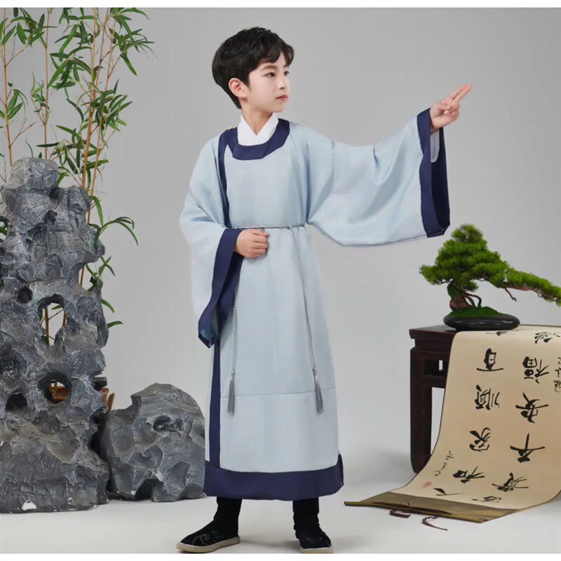 儿童李白汉服男童杜甫服装唐代诗人服装古风圆领袍套装古诗词朗诵