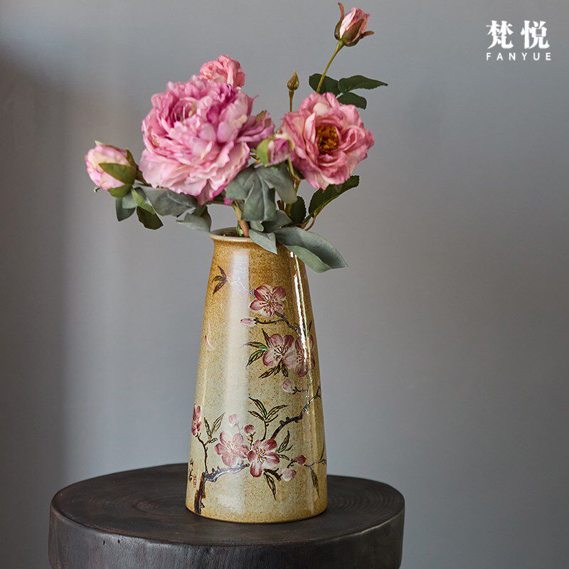 梵悦 景德镇复古全手工粗陶手绘桃花花瓶可养鲜花花器