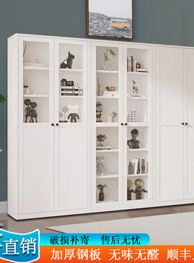 白色钢制书柜餐边柜手办柜展示柜落地玻璃柜收纳柜奶油风儿童书架